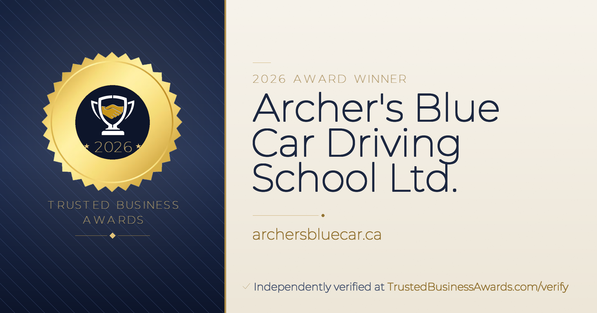 Archer's Blue Car Driving School Ltd. — 2026 Trusted Business Awards Winner